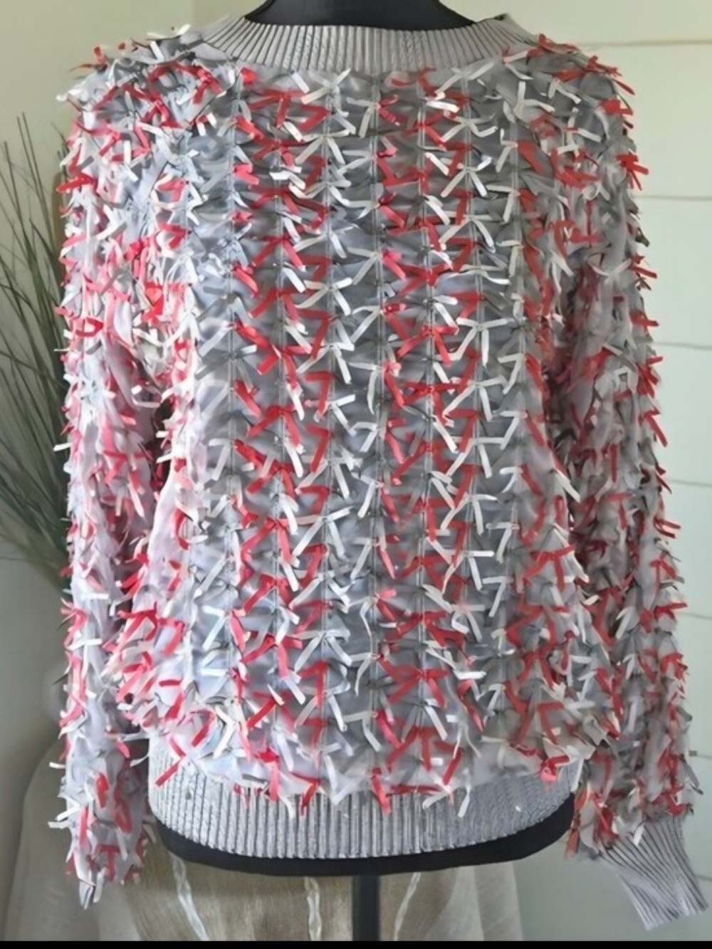 Vintage Y2K Karen Kane Red Grey 3D Ribbon Textured Mesh Sweater Coquette L Shag